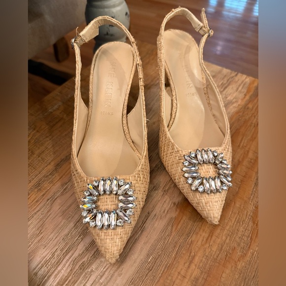 Anne Klein Tan Raffia Slingback Heels with Silver Embellishments - Picture 1 of 5